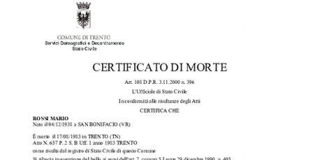 Certificato - Estratto - Copia integrale Atto di Morte