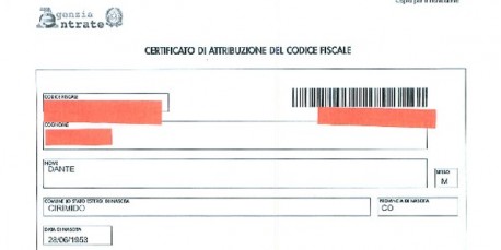 Certificato di Attribuzione Codice Fiscale Persona Fisica